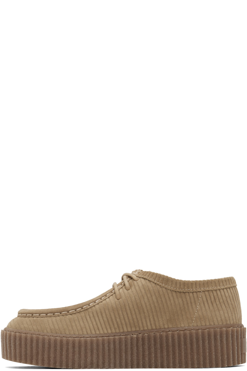 Ribbed suede derbys in beige. 

· Moc toe
· Lace-up closure 
· Logo flag at outer side
· Grained leather and suede lining 
· Ribbed platform midsole 
· Treaded rubber sole 
· Platform: H1.5"

Supplier color: Sand
