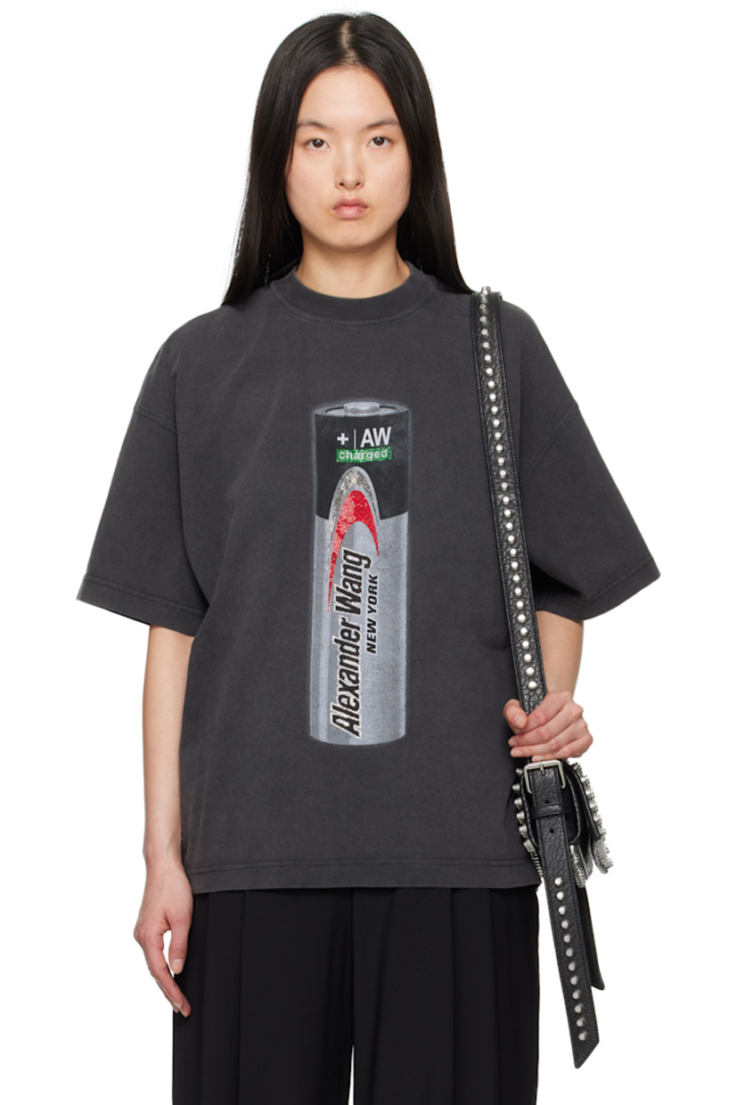 Cotton jersey T-shirt.

· Rib-knit crewneck
· Printed logo graphic with crystal-cut appliqués at front
· Dropped shoulders

Supplier color: Washed black