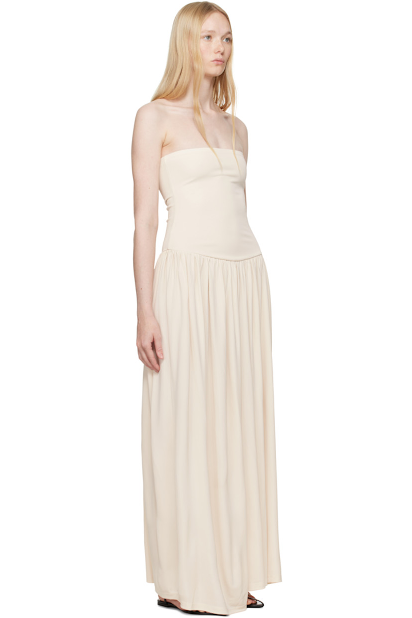 Viscose jersey maxi dress. 

· Straight neck
· Gathering at waist
· Concealed zip closure at side seam

Supplier color: Off-White