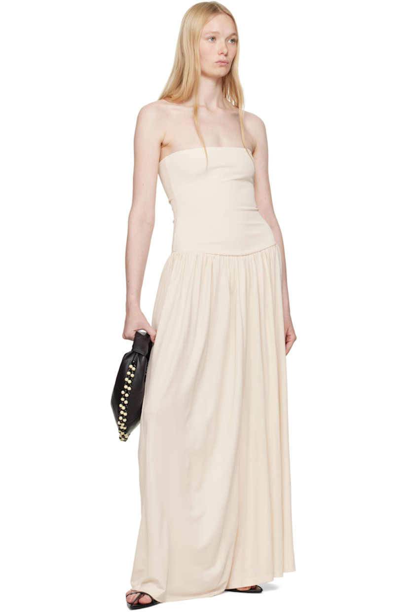 Viscose jersey maxi dress. 

· Straight neck
· Gathering at waist
· Concealed zip closure at side seam

Supplier color: Off-White