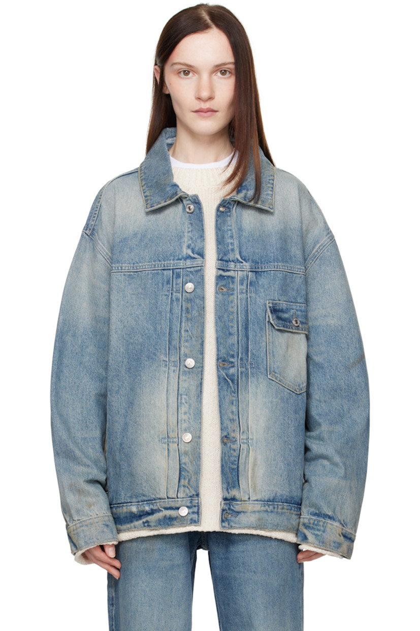 Non-stretch denim jacket. Fading, whiskering, smudging, and subtle distressing throughout.

· Spread collar
· Button closure 
· Tucks at front 
· Flap pocket
· Welt pockets
· Dropped shoulders
· Single-button barrel cuffs
· Patch at back collar
· Button tabs at back hem

Supplier color: Beige wash