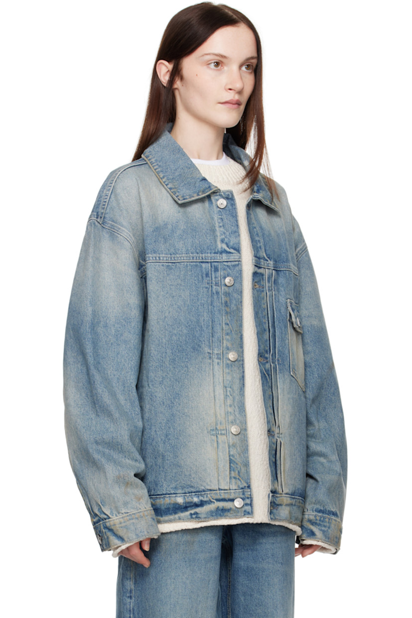 Non-stretch denim jacket. Fading, whiskering, smudging, and subtle distressing throughout.

· Spread collar
· Button closure 
· Tucks at front 
· Flap pocket
· Welt pockets
· Dropped shoulders
· Single-button barrel cuffs
· Patch at back collar
· Button tabs at back hem

Supplier color: Beige wash