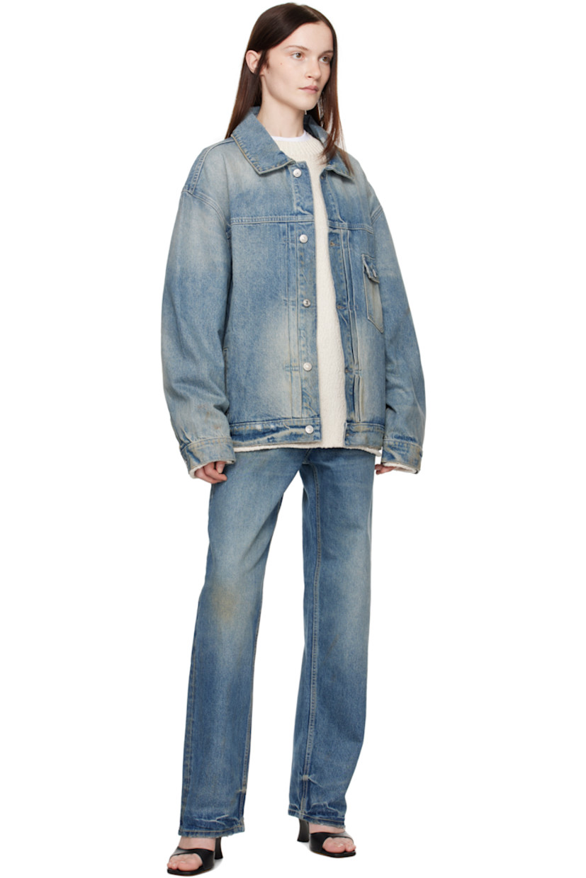 Non-stretch denim jacket. Fading, whiskering, smudging, and subtle distressing throughout.

· Spread collar
· Button closure 
· Tucks at front 
· Flap pocket
· Welt pockets
· Dropped shoulders
· Single-button barrel cuffs
· Patch at back collar
· Button tabs at back hem

Supplier color: Beige wash