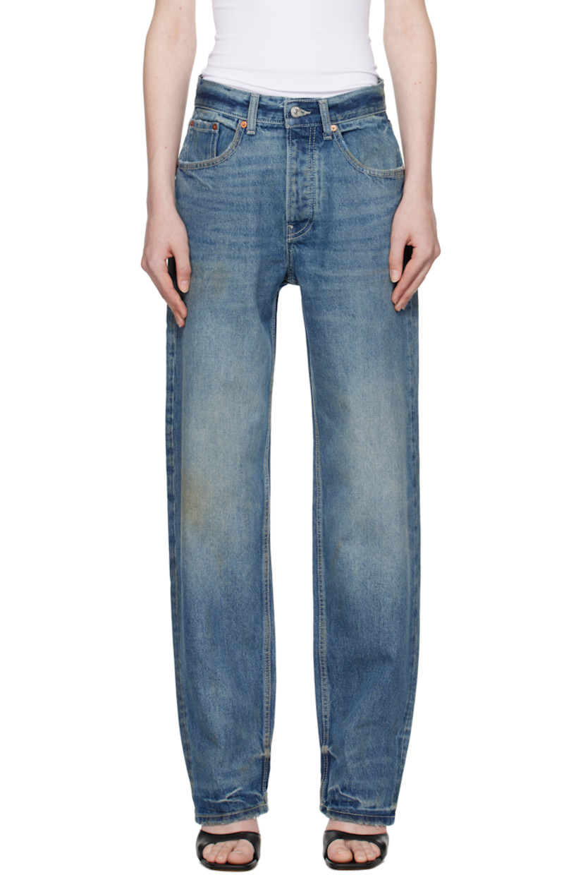 Non-stretch denim jeans. Fading, whiskering, and subtle distressing throughout. 

· Belt loops
· Five-pocket styling
· Button-fly
· Patch at back waistband 

Supplier color: Beige wash