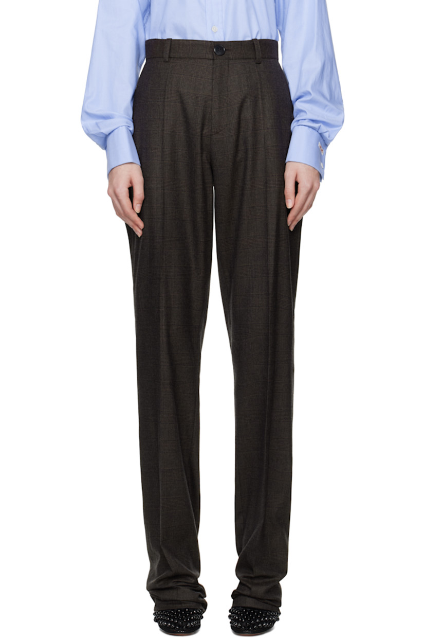 Woven wool trousers. Jacquard check pattern throughout.

· Slim-fit
· Belt loops
· Two-pocket styling
· Zip-fly
· Creased legs
· Darts at back waist
· Partial cupro satin lining

Supplier color: Brown check