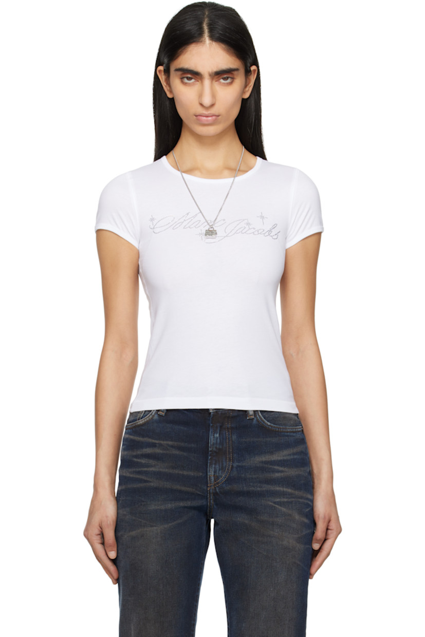 Organic cotton jersey T-shirt. 

· Rib-knit crewneck and cuffs
· Crystal-cut logo appliqués at front

Supplier color: White