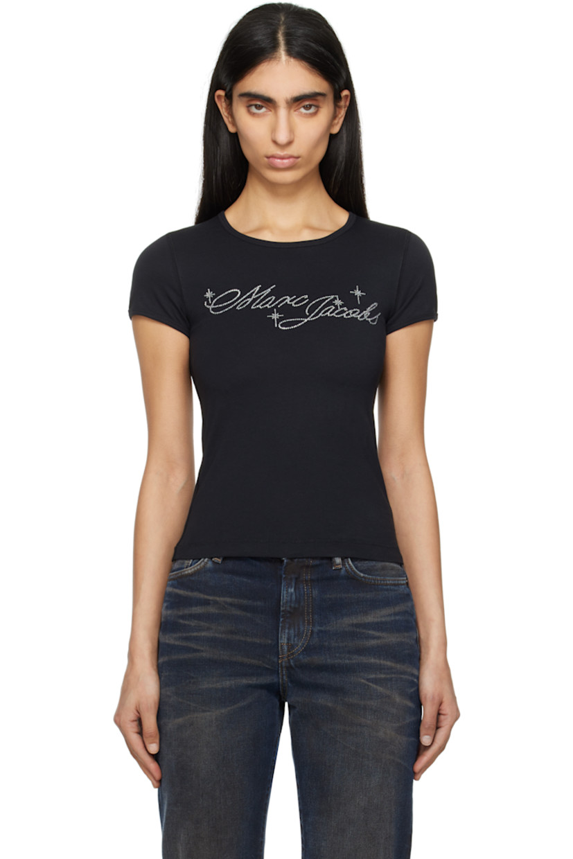 Organic cotton jersey T-shirt. 

· Rib-knit crewneck and cuffs
· Crystal-cut logo appliqués at front

Supplier color: Black