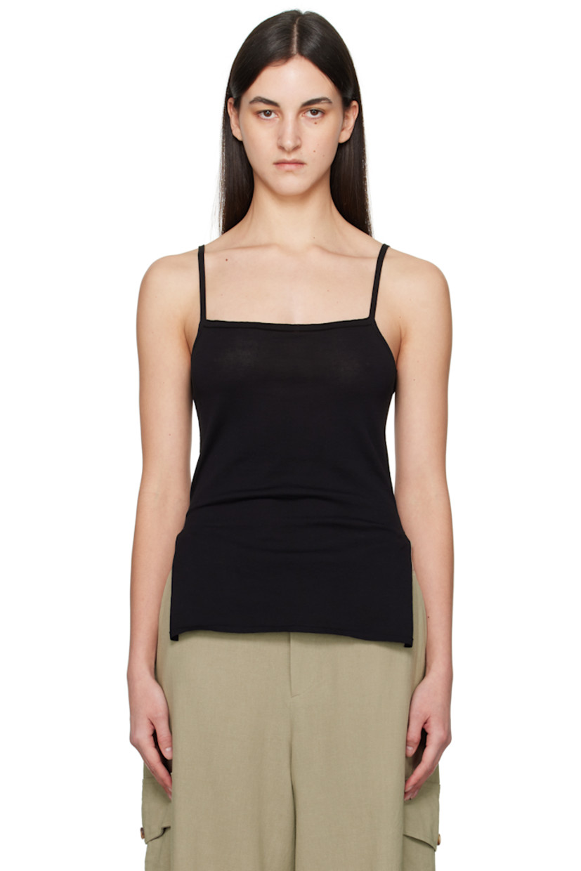 Knit cotton tank top. 

· Square neck
· Vented side seams
· Fixed spaghetti straps
· Low back
· Unlined

Supplier color: Black