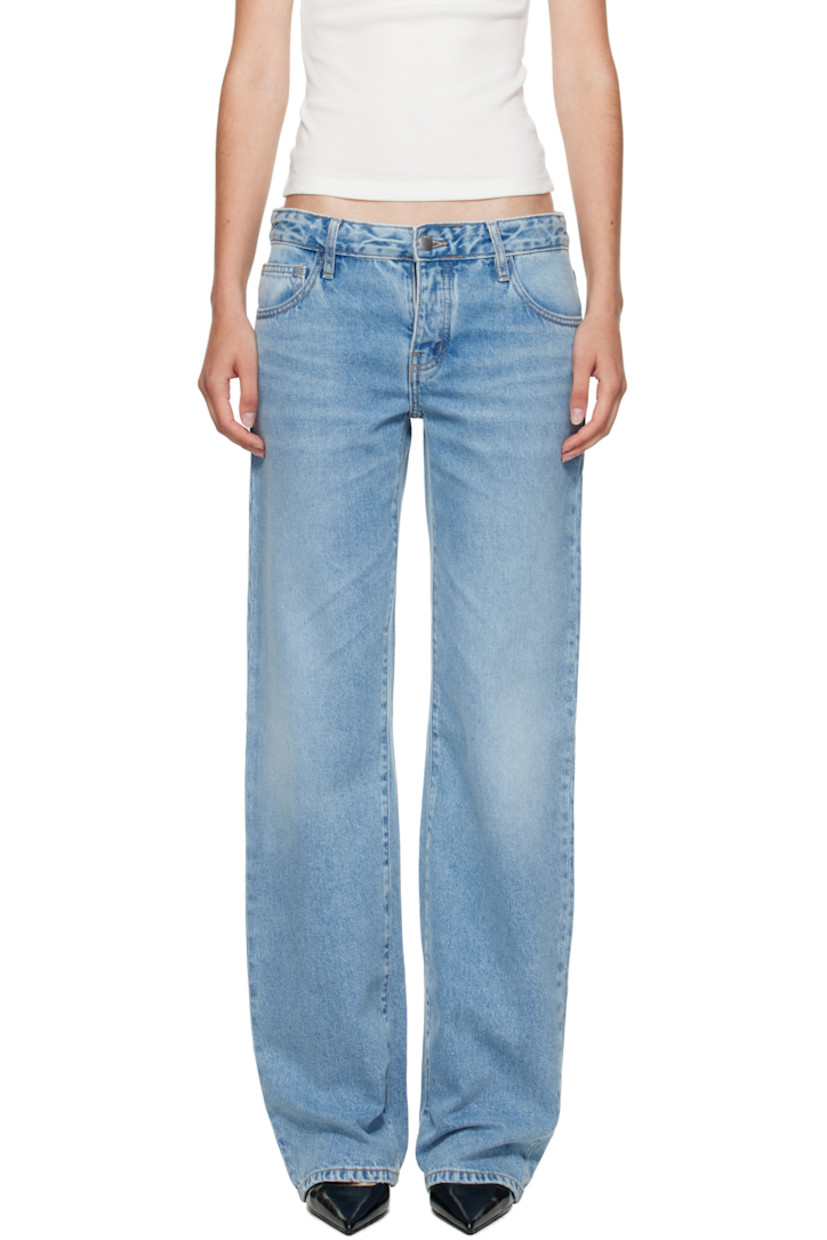 Non-stretch regenerative cotton denim jeans. 

· ROC- and B Corp-certified 
· Fading, whiskering, and subtle-distressing throughout
· Straight-leg and loose-fit 
· Low-rise 
· Belt loops
· Five-pocket styling
· Concealed button-fly
· Leather logo patch at back waistband
· Logo-engraved silver-tone hardware
· Contrast stitching in tan 

Part of the St. Agni x Outland Denim collaboration.

Supplier color: 90s blue