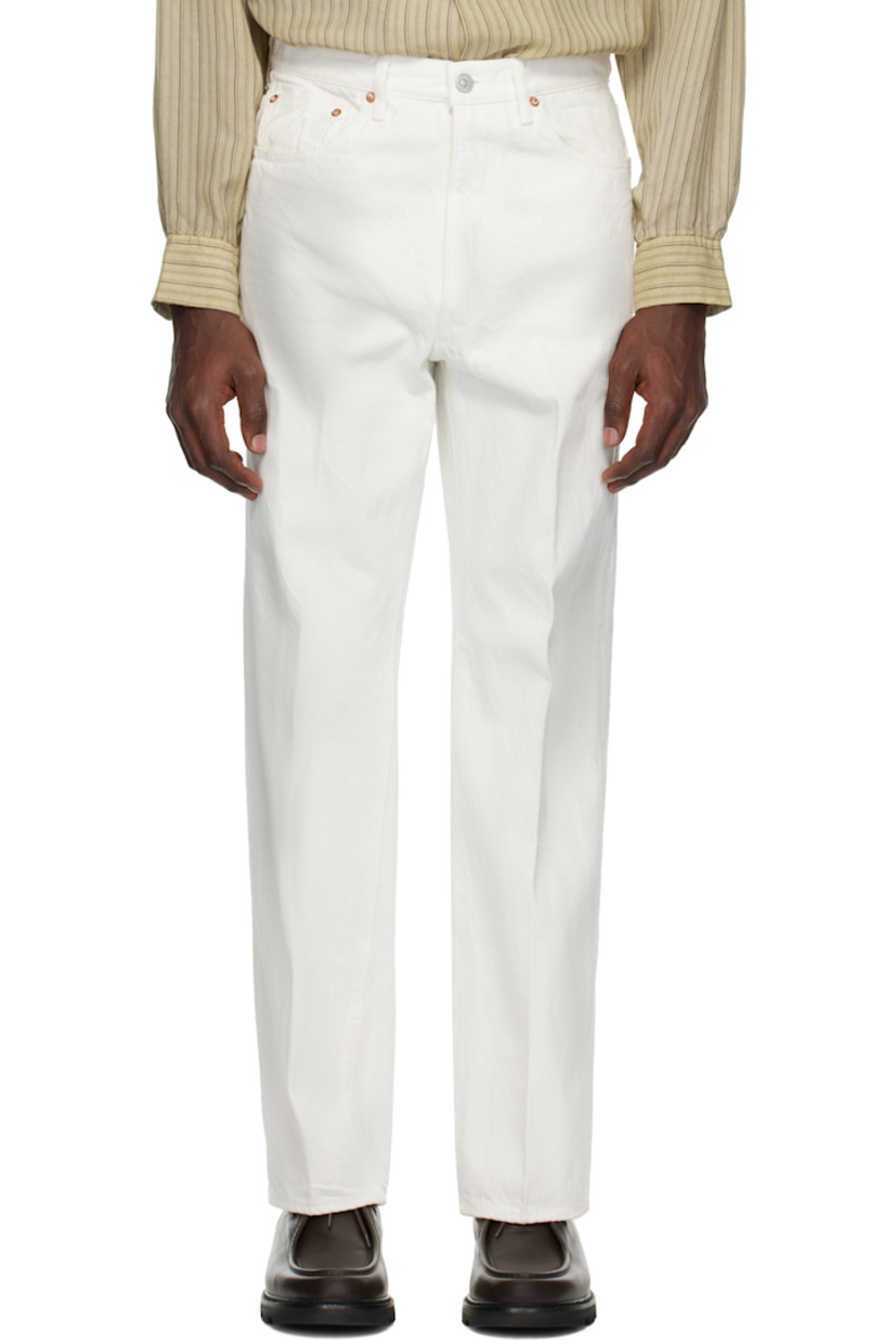 Straight-leg 13.5 oz non-stretch selvedge denim jeans. 

· Belt loops
· Five-pocket styling
· Zip fly
· Creased legs
· Logo-engraved silver- and copper-tone hardware

Supplier color: White one wash