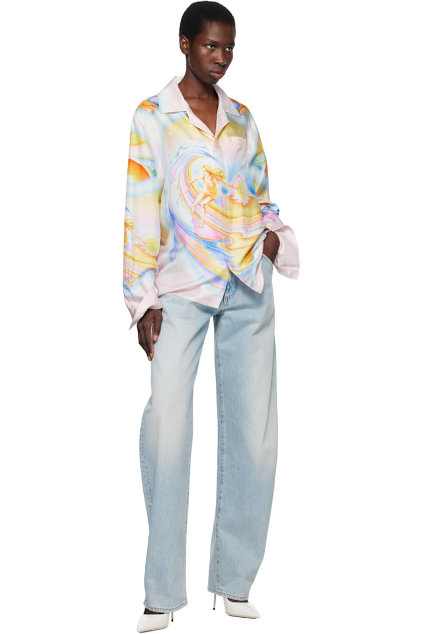 Silk satin shirt. Graphics printed throughout. 

· Button fastening at open spread collar
· Concealed button closure
· Patch pocket
· Pleats at buttoned barrel cuffs

Supplier color: Multicolour