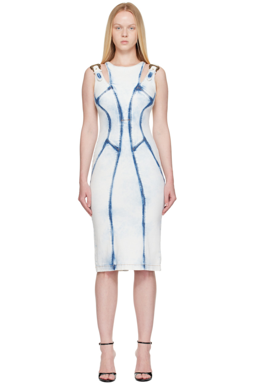 Non-stretch denim minidress.

· Whiskering and fading throughout
· Round neck
· Adjustable pin-buckle shoulder straps
· Zip closure at back
· Vented back hem
· Contrast stitching in tan
· Logo-engraved antiqued gold-tone hardware

Supplier color: Indigo