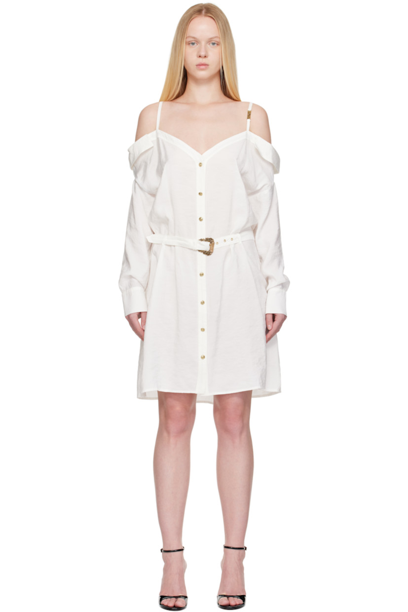 Modal-blend jersey minidress.

· Off-the-shoulder construction
· Adjustable spaghetti straps
· Logo hardware at strap
· Button closure
· Detachable belt at waist
· Belt loops at back
· Barrel cuffs
· Gold-tone hardware

Supplier color: White