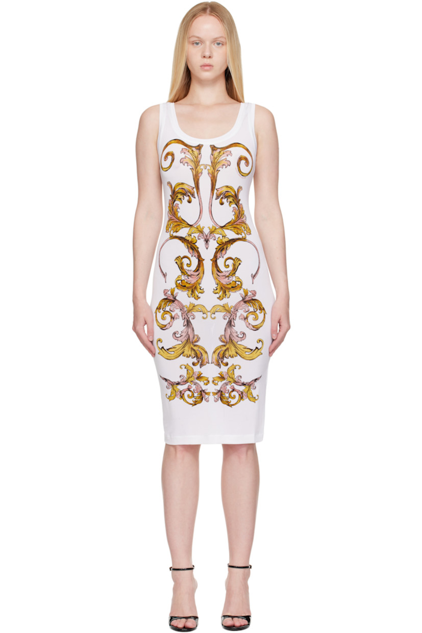 Stretch viscose jersey midi dress.

· Barocco pattern printed throughout 
· Scoop neck

Supplier color: White/Gold