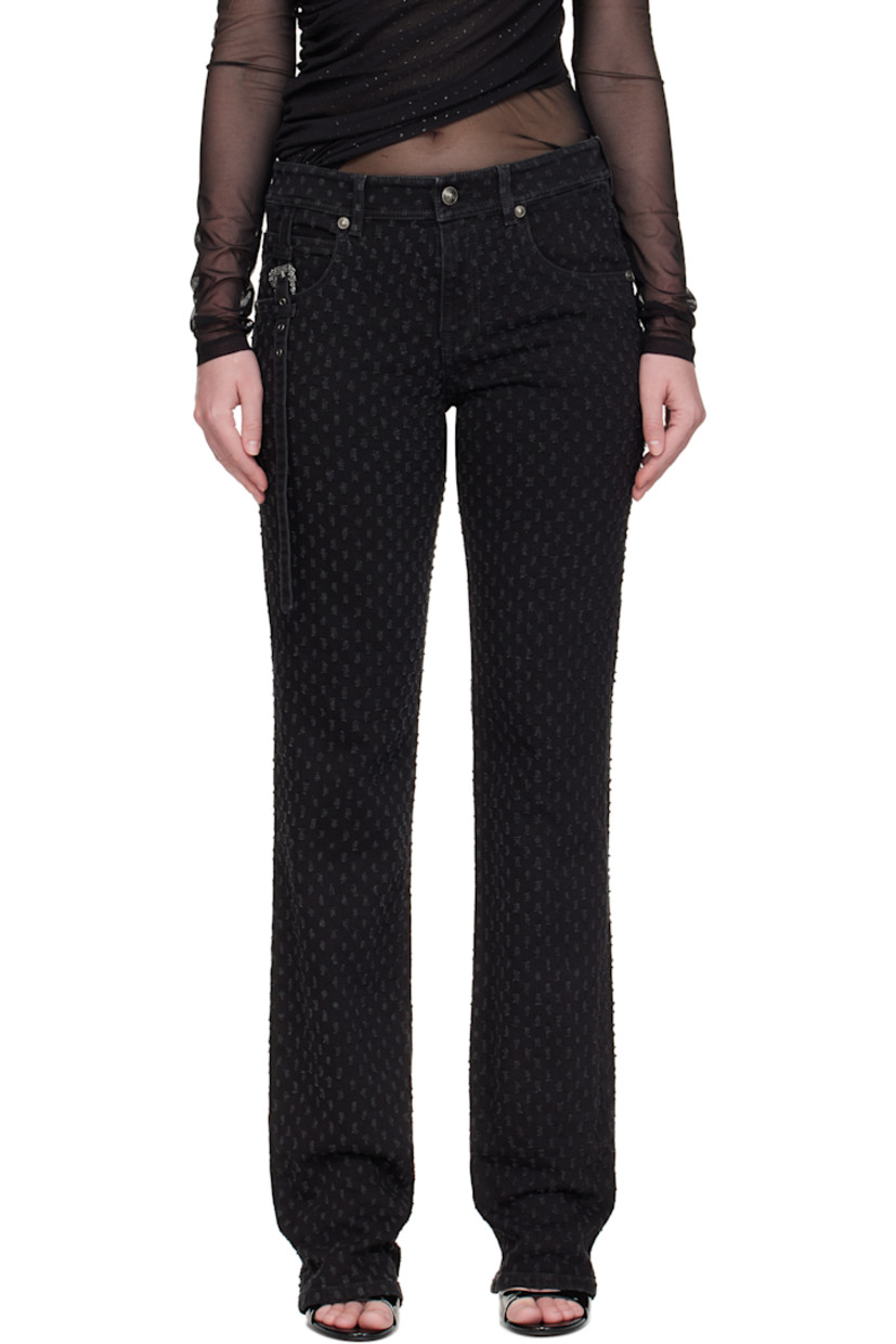 Non-stretch cotton-blend twill jeans.

· Distressed pattern throughout
· Straight leg
· Mid-rise
· Belt loops
· Pin-buckle strap with logo hardware at waist
· Zip fly
· Five-pocket styling
· Leather logo patch at back waistband

Supplier color: Black