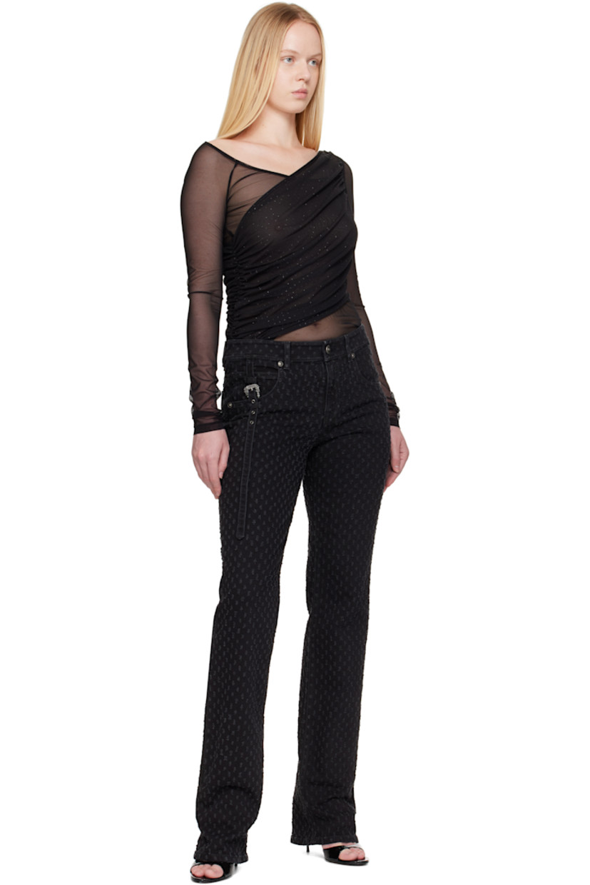 Non-stretch cotton-blend twill jeans.

· Distressed pattern throughout
· Straight leg
· Mid-rise
· Belt loops
· Pin-buckle strap with logo hardware at waist
· Zip fly
· Five-pocket styling
· Leather logo patch at back waistband

Supplier color: Black