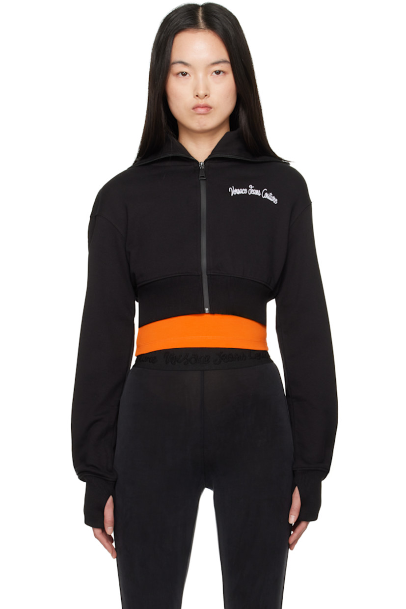 French terry hoodie. 

· Integrated stand collar at hood
· Zip closure
· Logo embroidered at chest
· Rib-knit cropped hem and cuffs
· Dropped shoulders

Supplier color: Black/Print