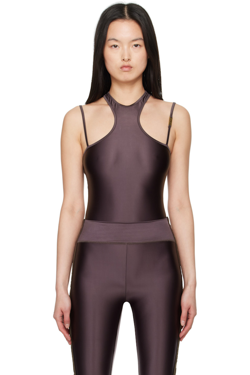 Stretch nylon satin bodysuit. 

· Crewneck
· Press-stud closure at bottom
· Adjustable spaghetti straps
· Logo hardware at strap
· Racer back
· Unlined

Supplier color: Brown