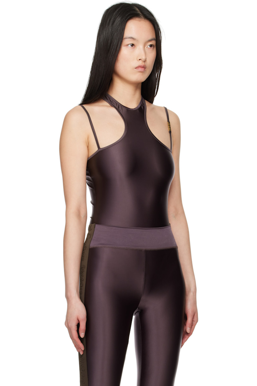 Stretch nylon satin bodysuit. 

· Crewneck
· Press-stud closure at bottom
· Adjustable spaghetti straps
· Logo hardware at strap
· Racer back
· Unlined

Supplier color: Brown