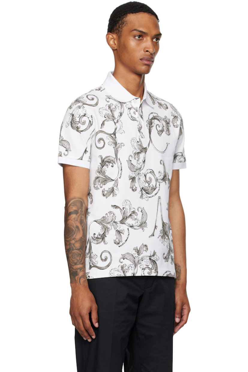 Cotton piqué polo.

· Barocco pattern printed throughout
· Rib-knit spread collar and cuffs
· Three-button placket
· Tennis-tail hem

Supplier color: White