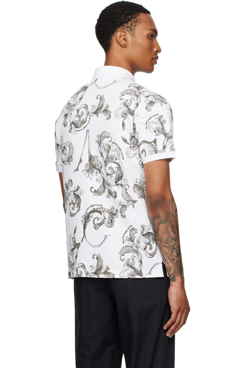 Cotton piqué polo.

· Barocco pattern printed throughout
· Rib-knit spread collar and cuffs
· Three-button placket
· Tennis-tail hem

Supplier color: White