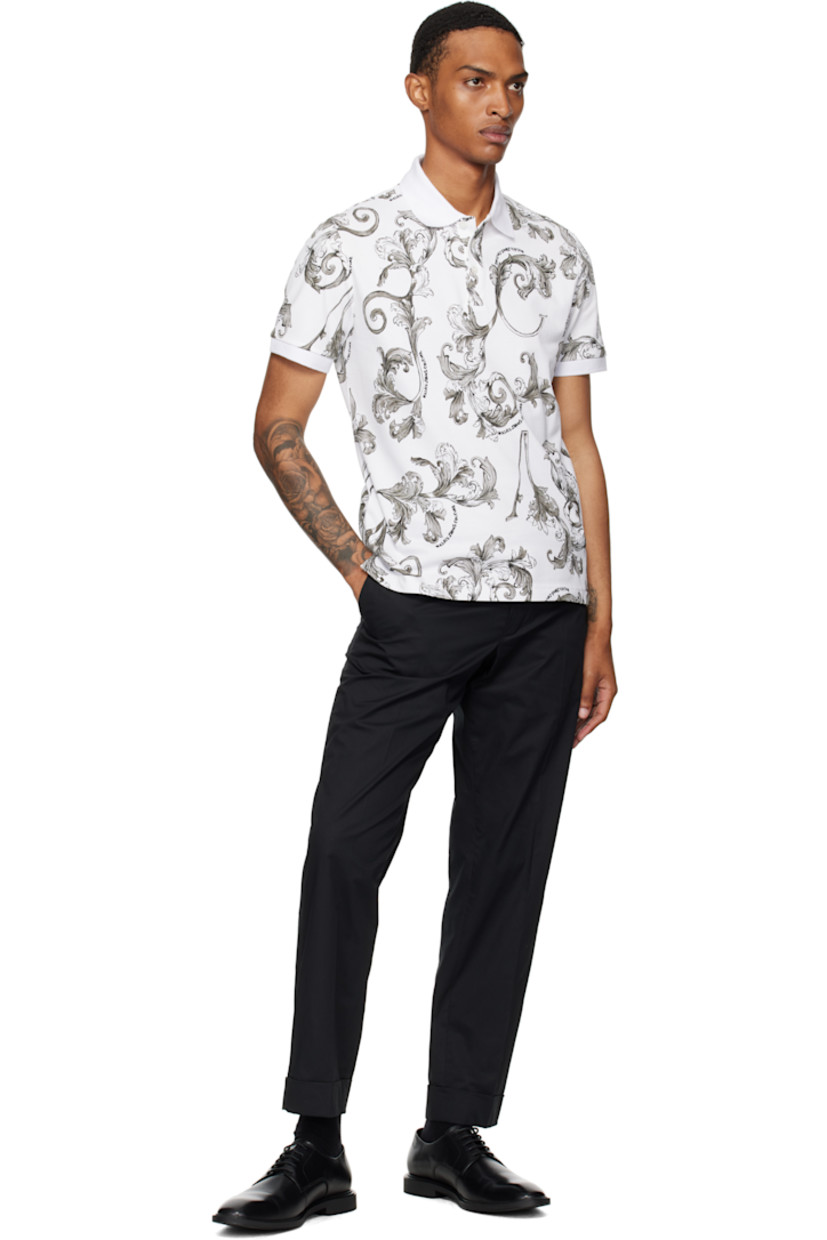 Cotton piqué polo.

· Barocco pattern printed throughout
· Rib-knit spread collar and cuffs
· Three-button placket
· Tennis-tail hem

Supplier color: White