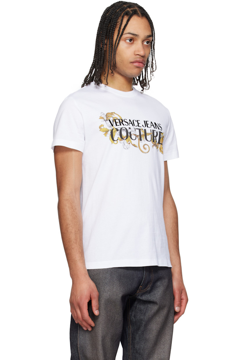 Cotton jersey T-shirt. 

· Rib-knit crewneck
· Logo graphic printed at front

Supplier color: White/Gold
