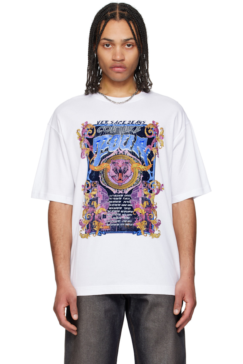 Cotton jersey T-shirt. 

· Rib-knit crewneck
· Logo graphic with crystal-cut appliqués at front
· Text printed at back

Supplier color: White