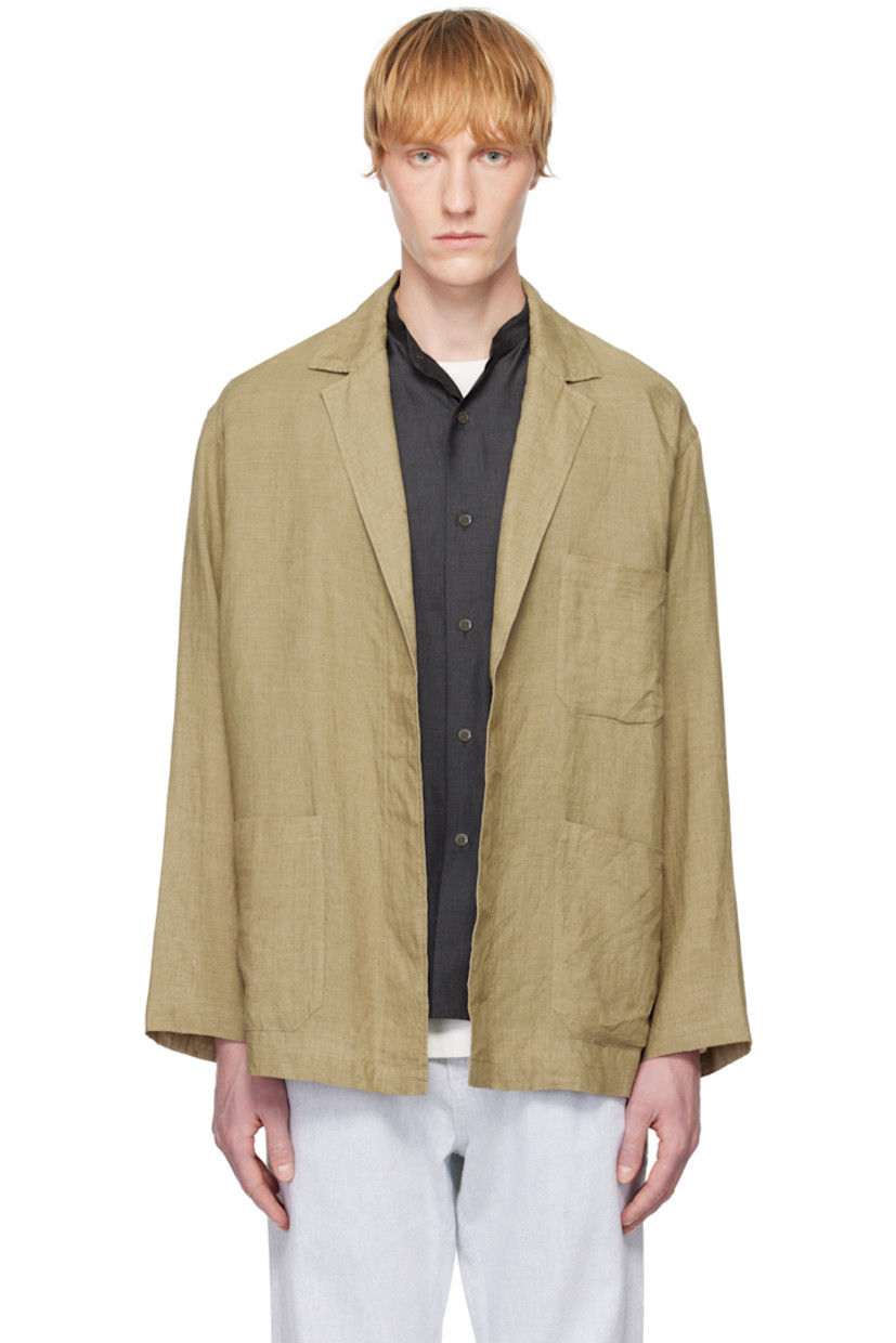Yarn-dyed linen hopsack blazer. 

· Notched lapel
· Open front 
· Patch pockets 

Supplier color: Khaki