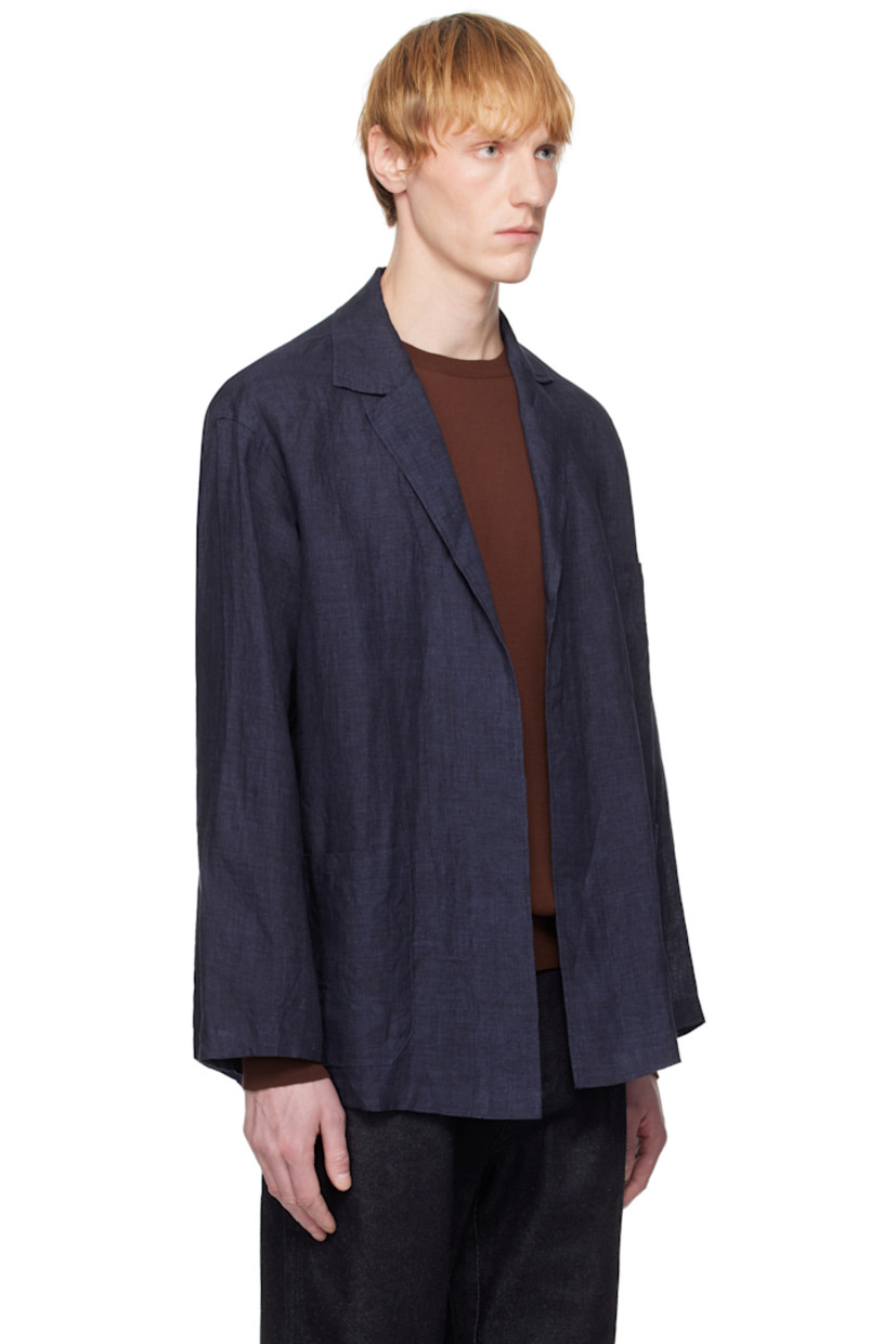 Yarn-dyed linen hopsack blazer. 

· Notched lapel
· Open front 
· Patch pockets 

Supplier color: Navy