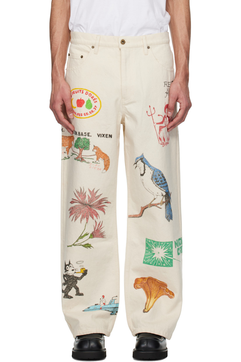 Straight-leg non-stretch 12 oz denim jeans. Hand-drawn graphics throughout.

· Belt loops
· Five-pocket styling
· Zip-fly
· Suede logo patch at back waistband

Available exclusively at SSENSE.

Supplier color: Cream
