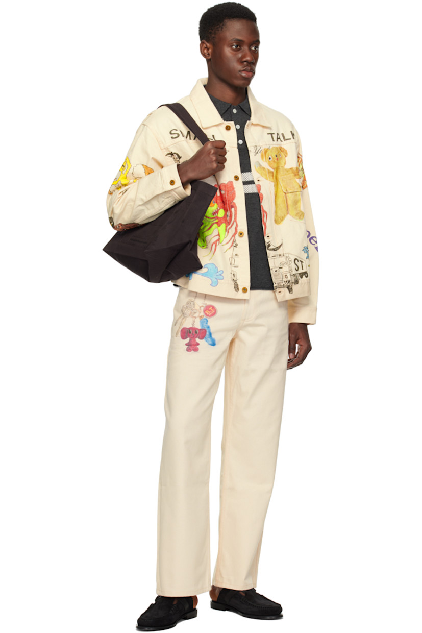 Non-stretch denim jeans. 

· Belt loops
· Adjustable button tabs at waistband
· Five-pocket styling
· Zip fly
· Printed graphic at front and back

Supplier color: Off white