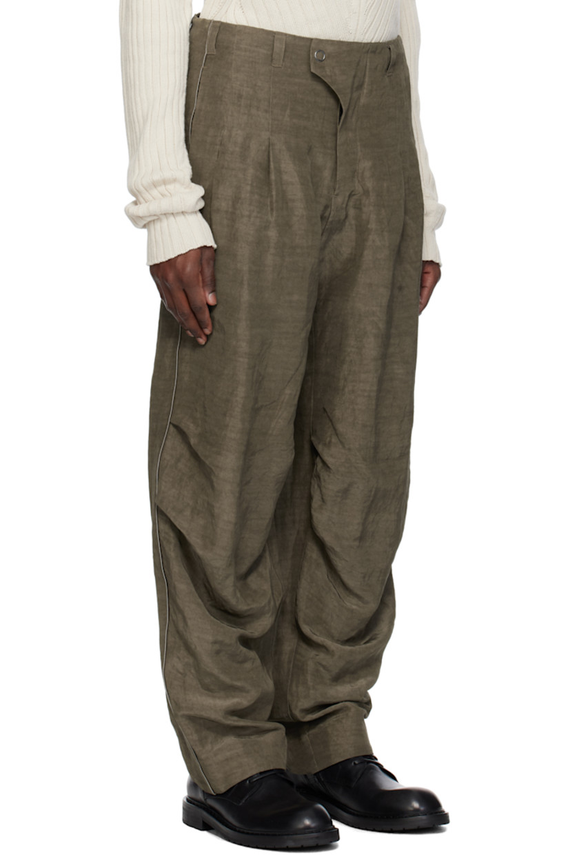 Rayon- and ramie-blend taffeta trousers. 

· Belt loops 
· Three-pocket styling 
· Zip-fly 
· Pleats at front 
· Darts at knees
· Piping at outseams 
· Partial satin lining

Supplier color: Beige gray