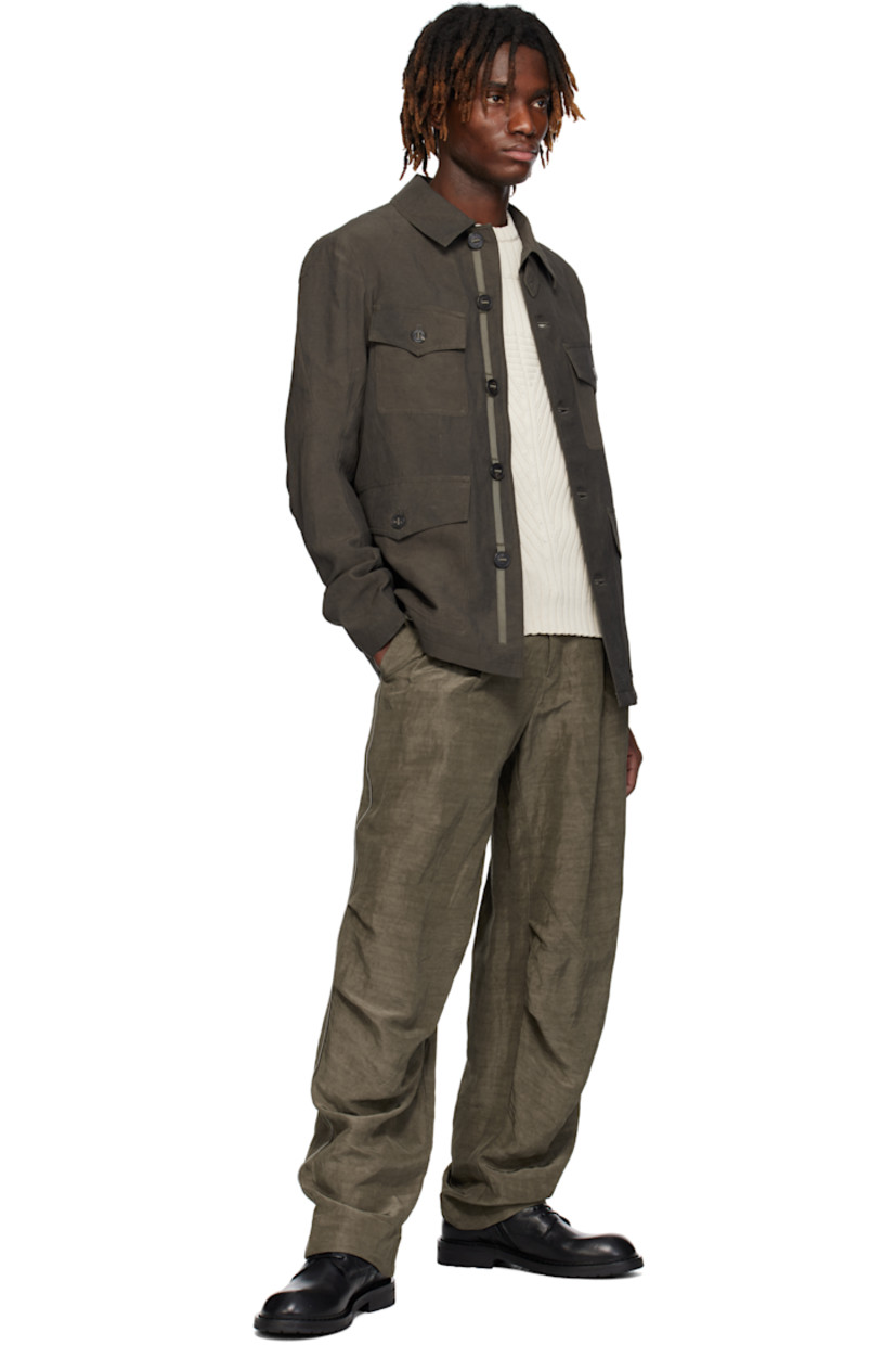 Rayon- and ramie-blend taffeta trousers. 

· Belt loops 
· Three-pocket styling 
· Zip-fly 
· Pleats at front 
· Darts at knees
· Piping at outseams 
· Partial satin lining

Supplier color: Beige gray
