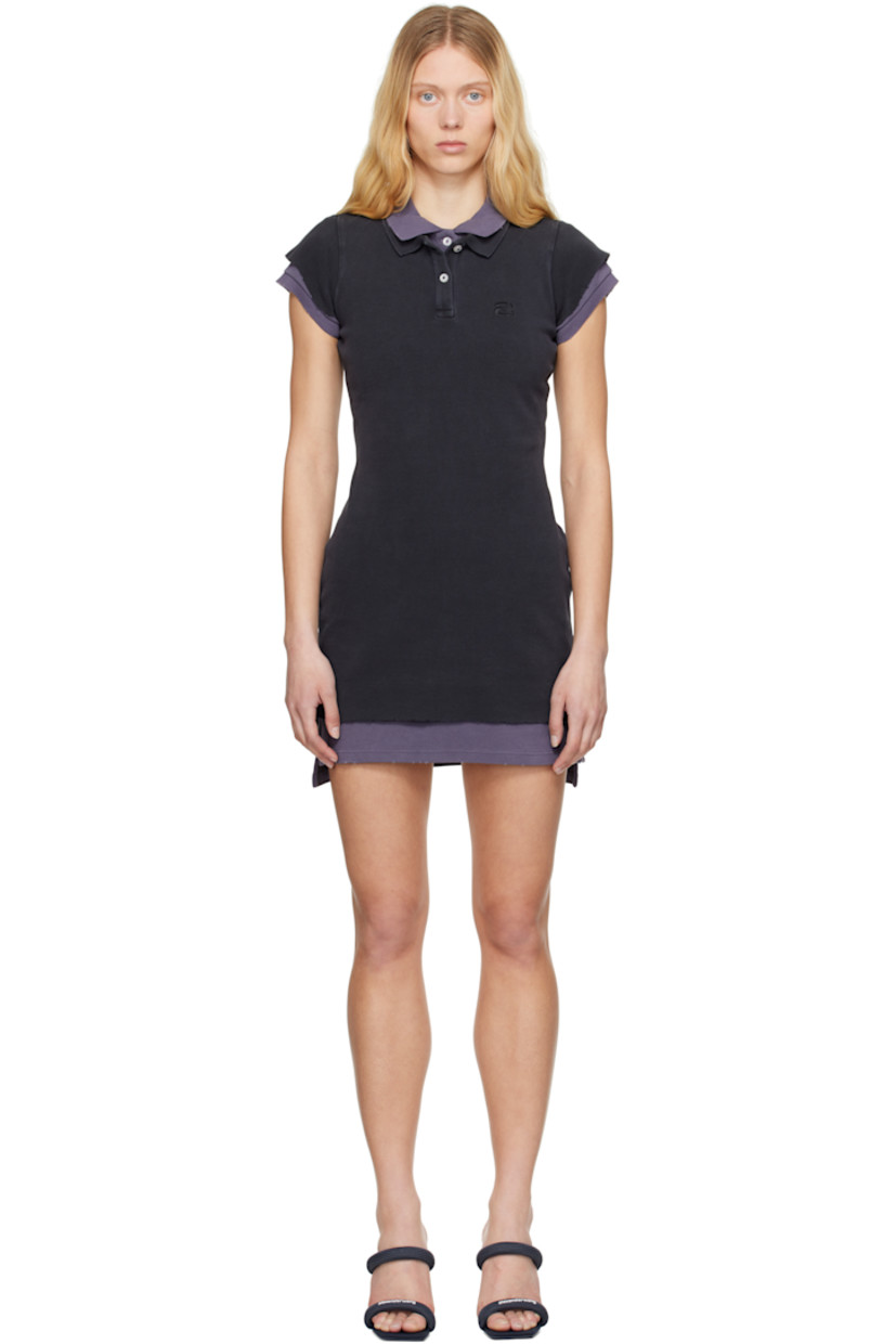 Stretch cotton-blend piqué minidress.

· Layered construction
· Rib-knit spread collars, hem, and cuffs
· Two-button plackets
· Logo embroidered at chest and back collar
· Tennis-tail hem
· Overlay with raw edge at hem and cuffs

Supplier color: Washed navy/Washed blue