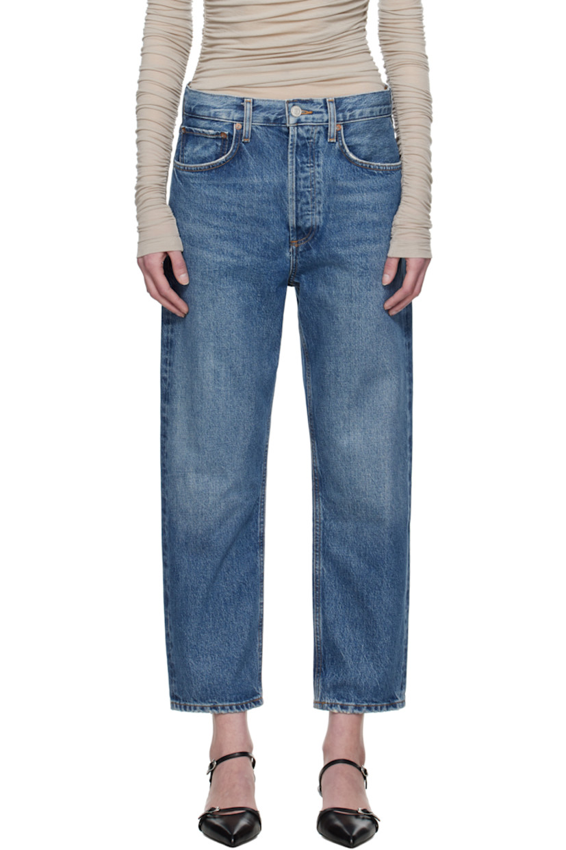 Non-stretch regenerative cotton-blend denim jeans. Fading, whiskering, and subtle distressing throughout.

· Loose-fit and straight-leg
· Mid-rise
· Belt loops
· Five-pocket styling
· Button-fly
· Cropped legs
· Contrasting stitching in tan

Supplier color: Essence
