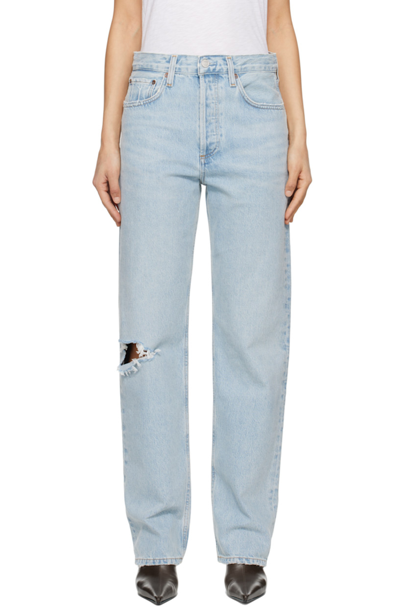 Straight-leg non-stretch regenerative cotton denim jeans. Fading, whiskering, and distressing throughout.

· High-rise
· Belt loops
· Five-pocket styling
· Button-fly
· Rip at knee
· Logo-engraved silver- and copper-tone hardware
· Contrast stitching in tan

Supplier color: Segment