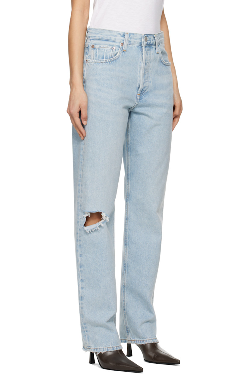 Straight-leg non-stretch regenerative cotton denim jeans. Fading, whiskering, and distressing throughout.

· High-rise
· Belt loops
· Five-pocket styling
· Button-fly
· Rip at knee
· Logo-engraved silver- and copper-tone hardware
· Contrast stitching in tan

Supplier color: Segment
