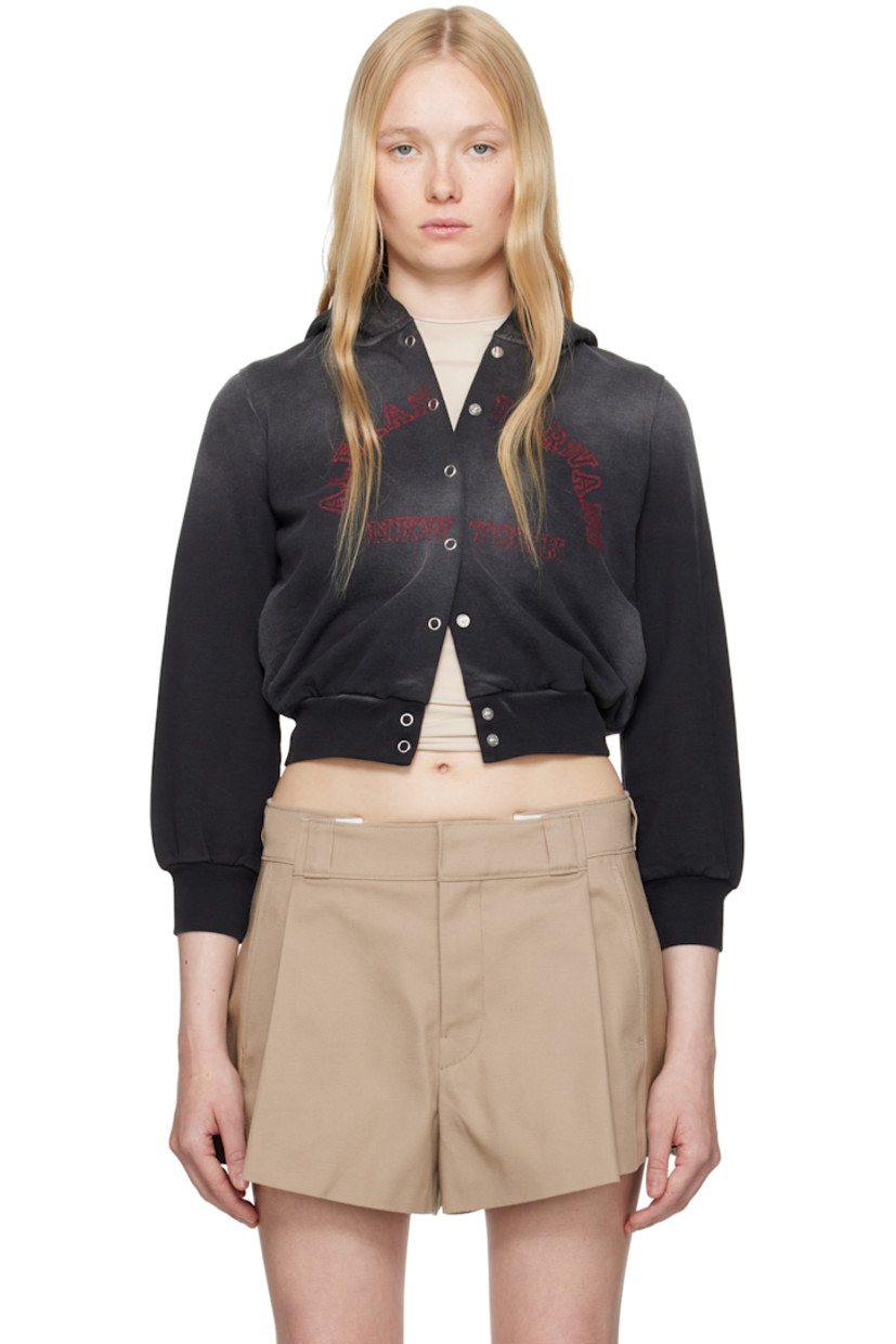 Organic cotton fleece cardigan. Fading throughout.

· Hood
· Press-stud closure
· Logo printed at front
· Rib-knit cropped hem and cuffs

Supplier color: Sunfade black