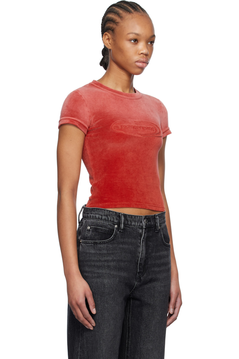 Slim-fit stretch cotton-blend velour T-shirt. Fading throughout.

· Rib-knit crewneck and cuffs
· Logo embossed at chest

Supplier color: Washed red alert