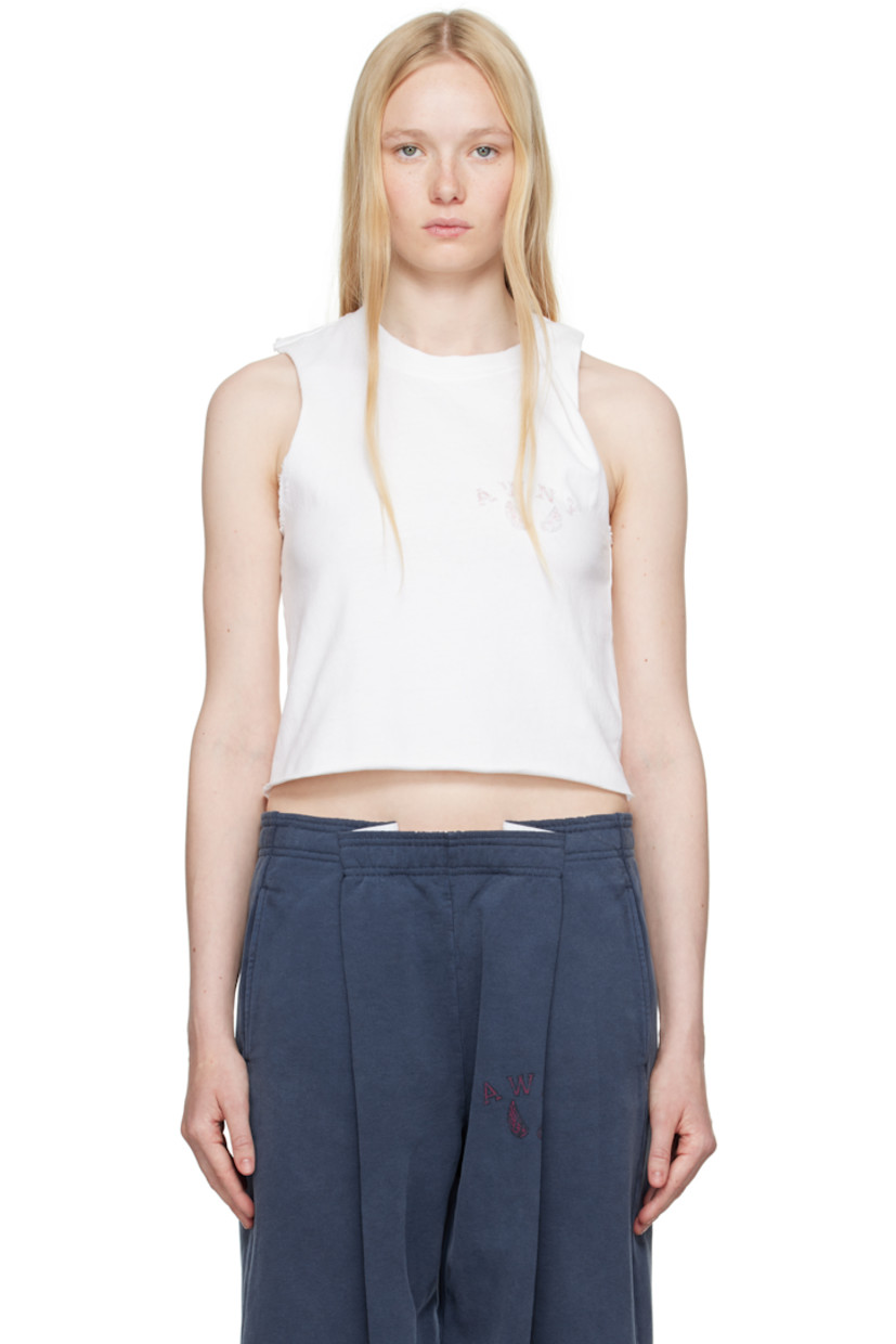 Cotton jersey tank top.

· Rib-knit crewneck
· Logo printed at chest
· Raw edge at cropped hem and armscyes
· Twisted detailing at shoulder

Supplier color: Vintage white