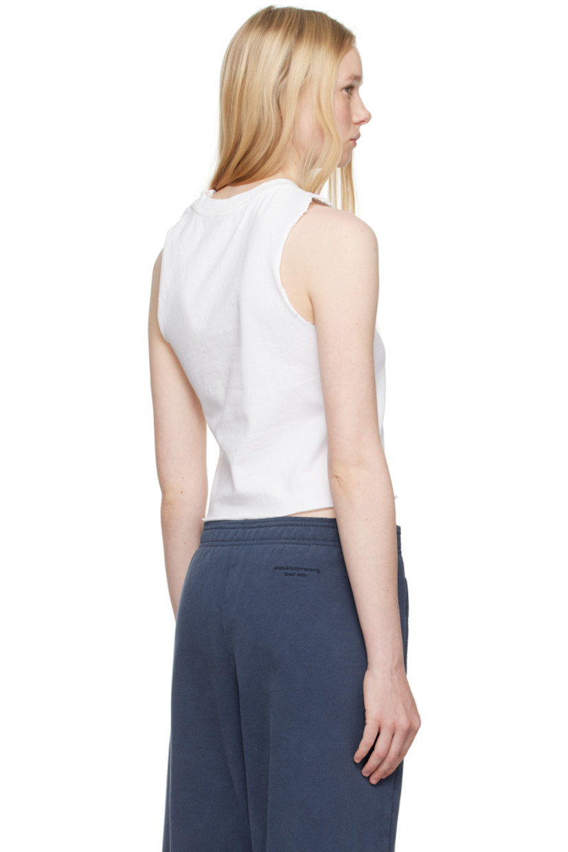 Cotton jersey tank top.

· Rib-knit crewneck
· Logo printed at chest
· Raw edge at cropped hem and armscyes
· Twisted detailing at shoulder

Supplier color: Vintage white
