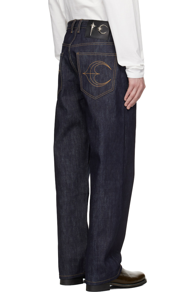 Indigo-dyed non-stretch left-hand twill selvedge denim jeans.

· Belt loops
· Five-pocket styling
· Button fly
· Logo hardware at leg
· Leather logo patch at back waistband
· Logo graphic embroidered at back pockets
· Logo-engraved antiqued silver-tone hardware
· Contrast stitching in tan

Supplier color: Indigo