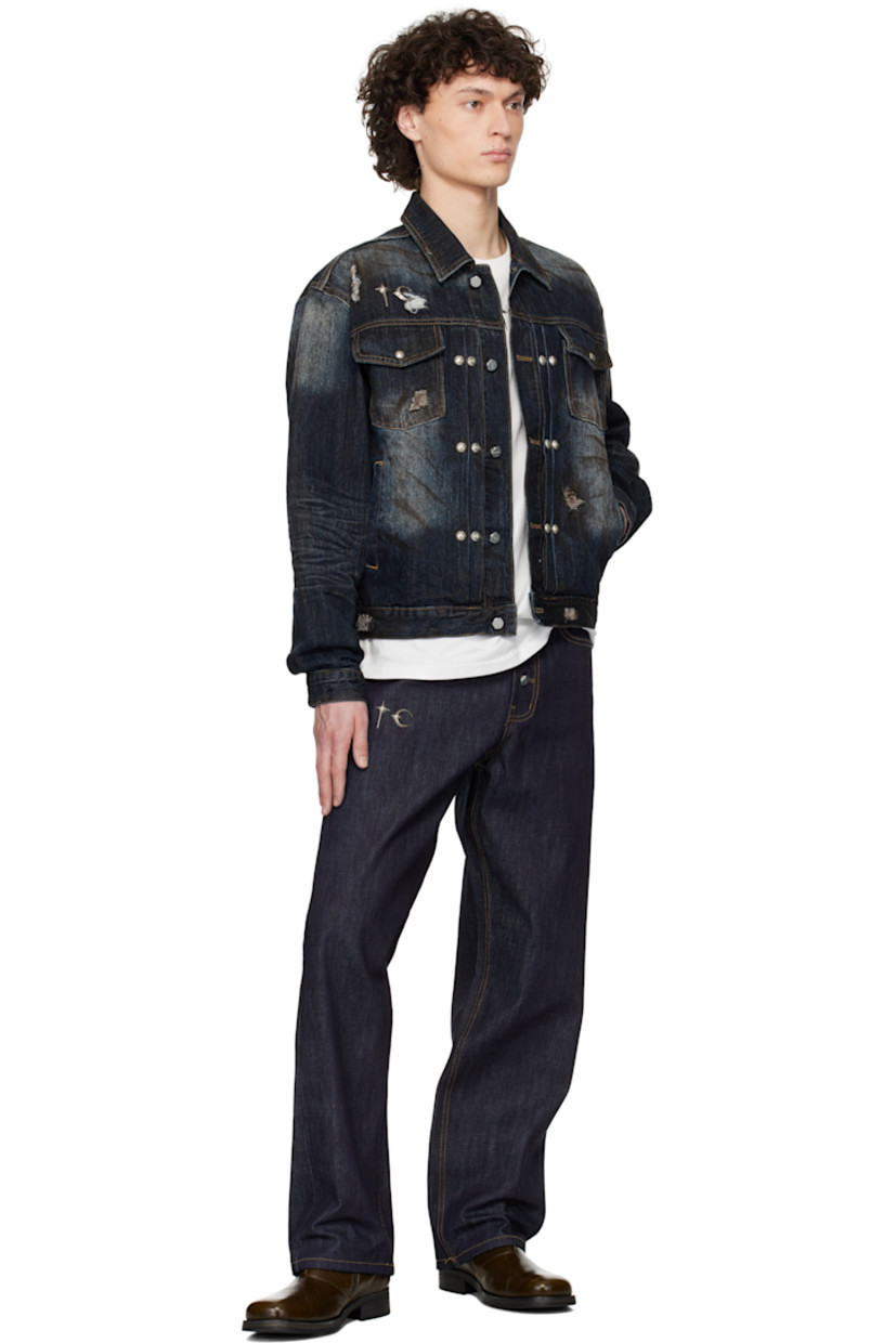 Indigo-dyed non-stretch left-hand twill selvedge denim jeans.

· Belt loops
· Five-pocket styling
· Button fly
· Logo hardware at leg
· Leather logo patch at back waistband
· Logo graphic embroidered at back pockets
· Logo-engraved antiqued silver-tone hardware
· Contrast stitching in tan

Supplier color: Indigo