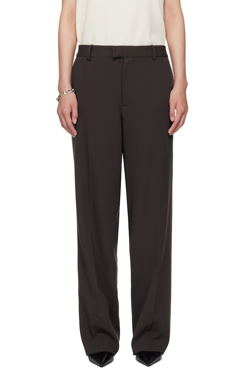 Cotton twill trousers.

· Straight-leg 
· Belt loops
· Four-pocket styling
· Zip fly 
· Creased legs 

Supplier color: Dark chocolate brown