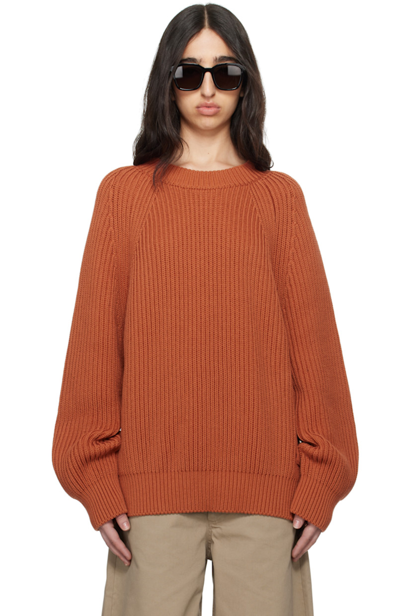 Rib-knit cotton sweater. 

· Crewneck 
· Knit logo flag a front hem 
· Raglan sleeves 

Supplier color: Terra cotta