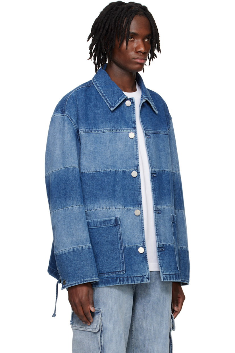 Non-stretch denim jacket. Fading and subtle distressing throughout. 

· Paneled construction
· Spread collar 
· Button closure 
· Patch pockets at front
· Lace-up detailing at side seams
· Dropped shoulders
· Single-button cuffs 
· Logo-engraved silver-tone hardware 

Supplier color: Blue