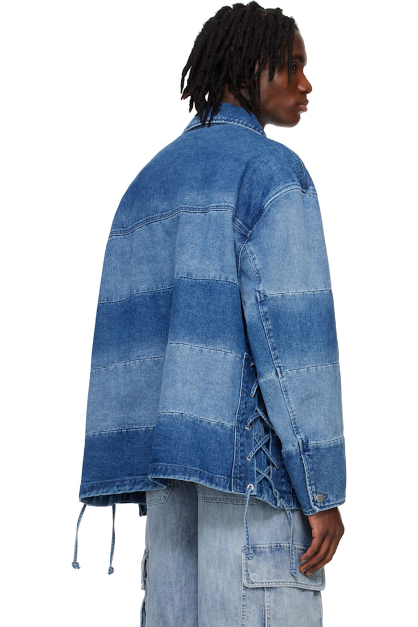 Non-stretch denim jacket. Fading and subtle distressing throughout. 

· Paneled construction
· Spread collar 
· Button closure 
· Patch pockets at front
· Lace-up detailing at side seams
· Dropped shoulders
· Single-button cuffs 
· Logo-engraved silver-tone hardware 

Supplier color: Blue
