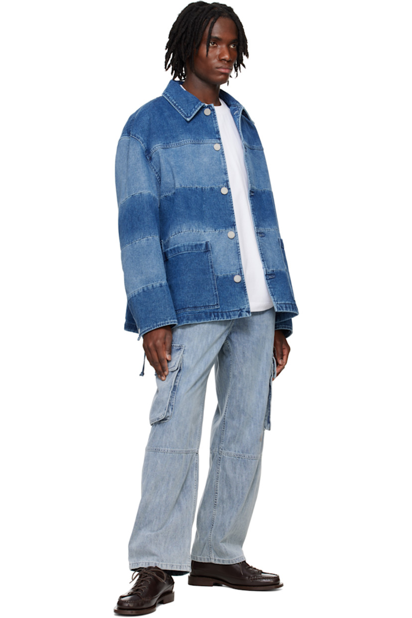 Non-stretch denim jacket. Fading and subtle distressing throughout. 

· Paneled construction
· Spread collar 
· Button closure 
· Patch pockets at front
· Lace-up detailing at side seams
· Dropped shoulders
· Single-button cuffs 
· Logo-engraved silver-tone hardware 

Supplier color: Blue