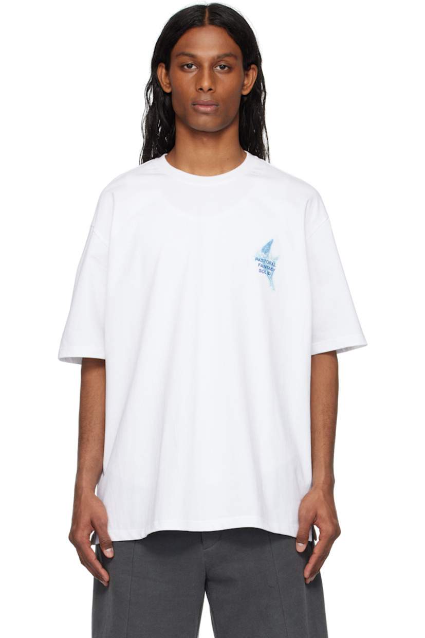 Cotton jersey T-shirt. 

· Rib-knit crewneck
· Logo, graphic, and text embroidered and printed at chest
· Dropped shoulders
· Vented side seams
· Logo graphic printed at back
· Text embroidered at back

Supplier color: White